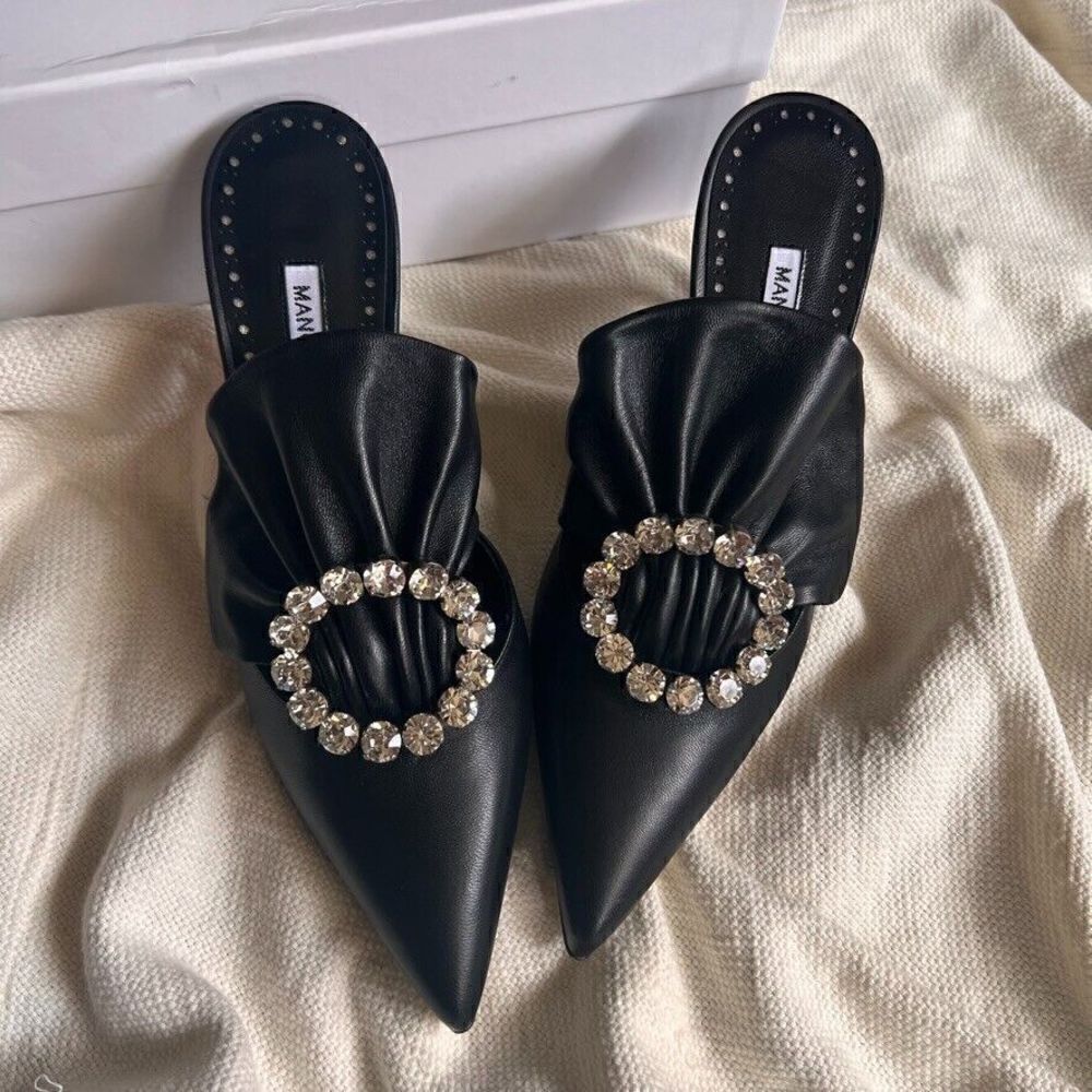 Manolo Blahnik Capitana Leather Buckle Mules Black 36 NEW - Picture 10 of 14